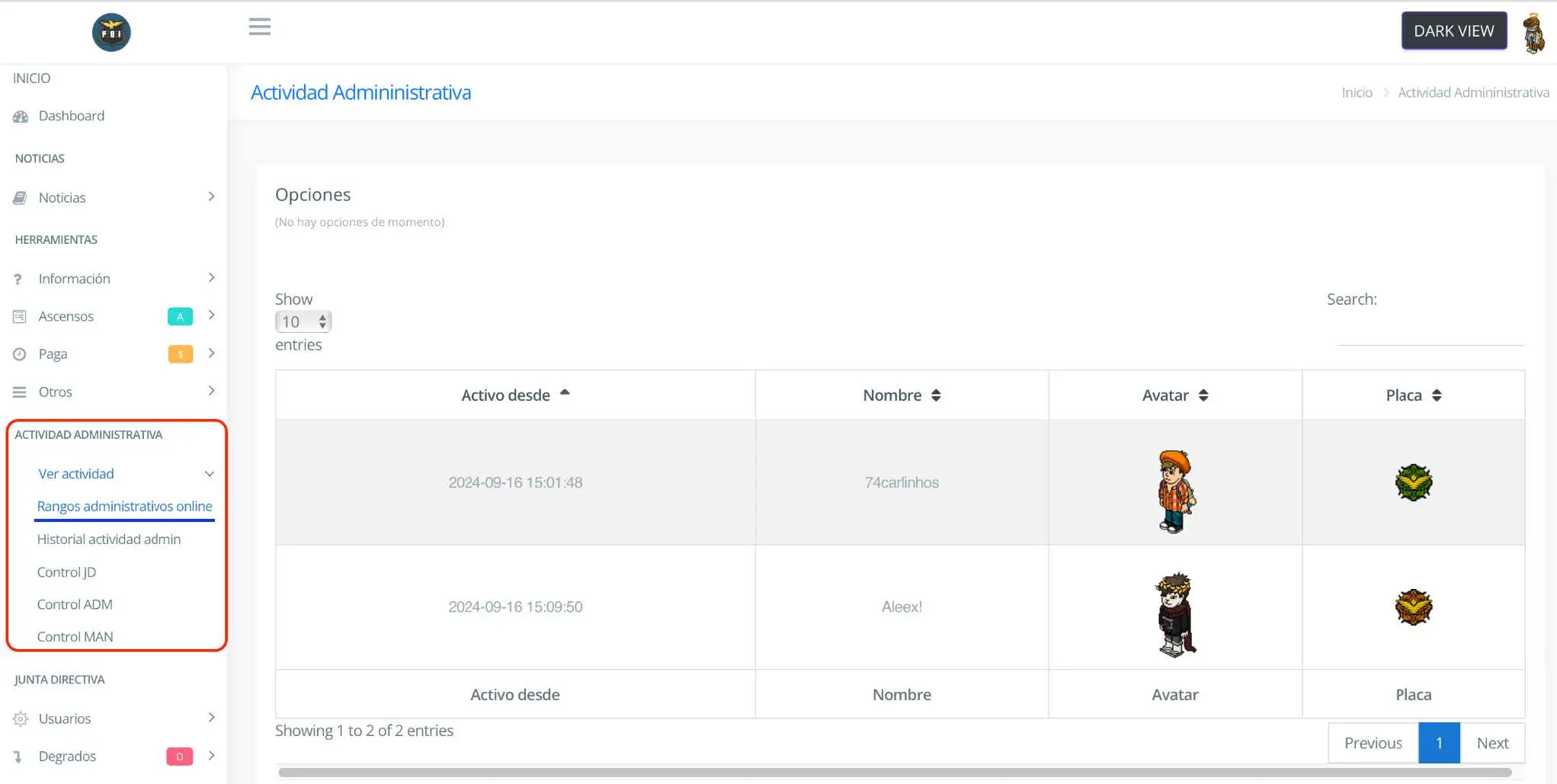 Actividad administrativa en línea
